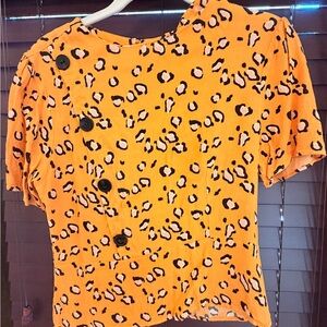 Top Shop Orange Leopard Print Button-Accent Top